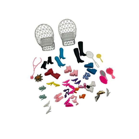 Barbie Doll Lot Boots Shoes Tennis Racket Stethoscope Chairs Camp Fire Beushes - Picture 1 of 8